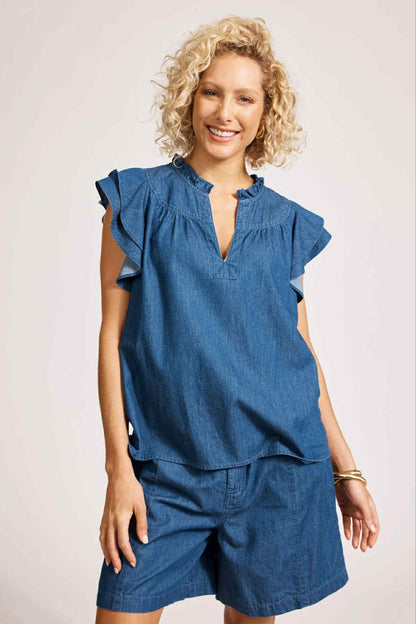 Melenia denim frill top