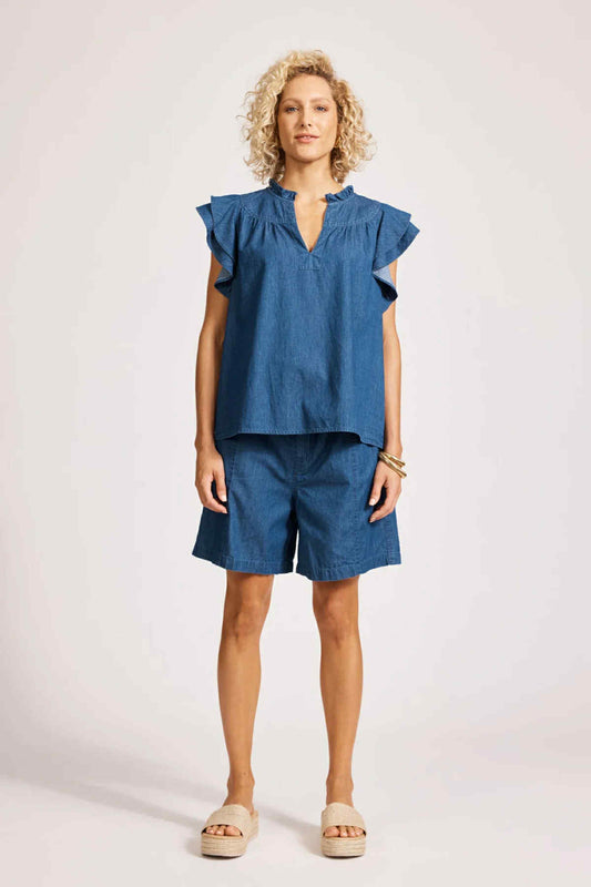 Melenia denim frill top